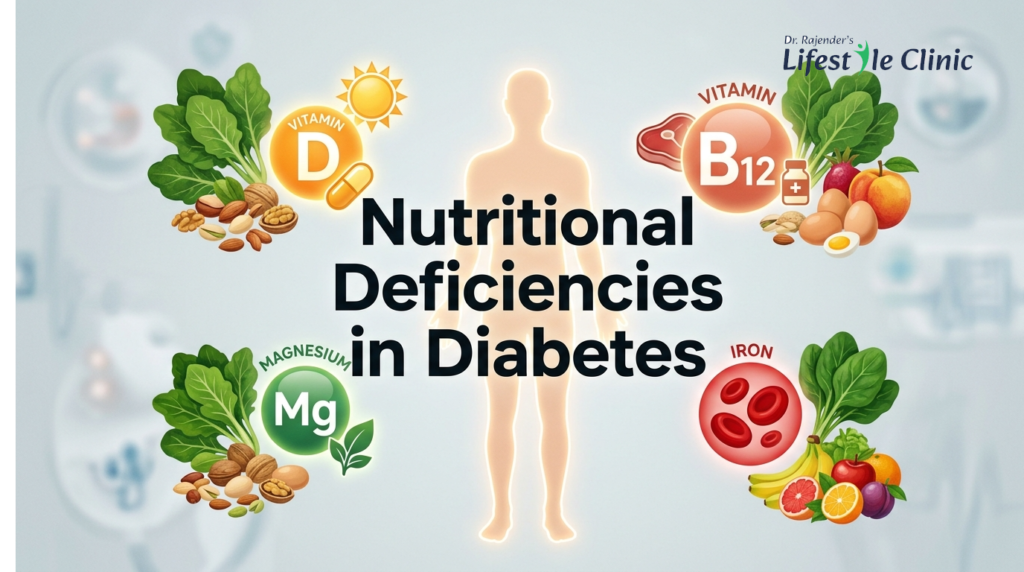 Nutritional deficiencies in diabetes showing vitamins and healthy foods for better blood sugar control