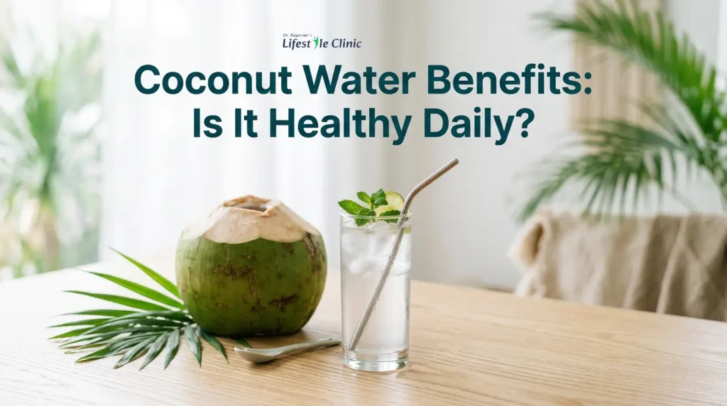 Fresh tender coconut water in a glass with green coconut on clean background for hydration and healthy drink