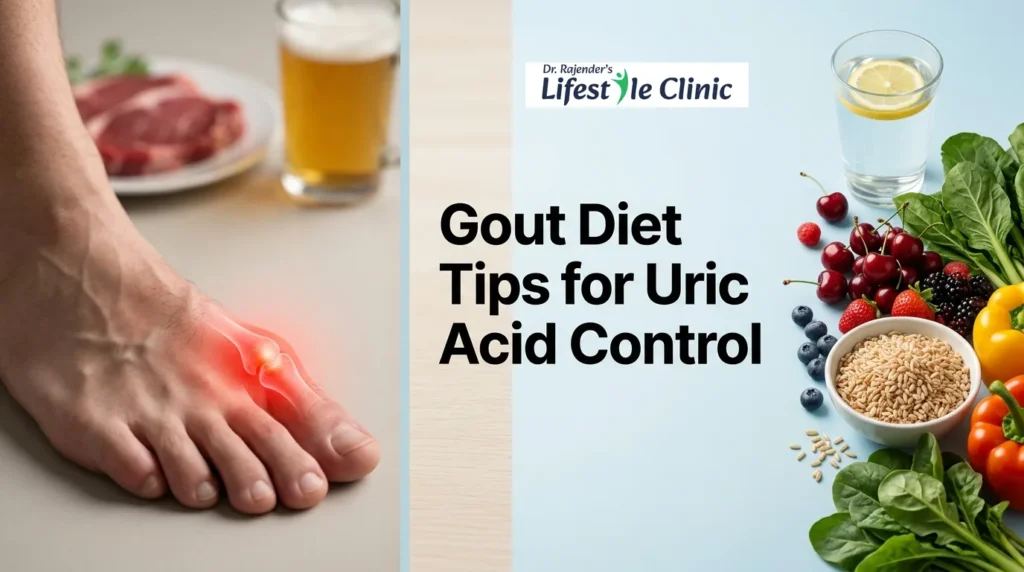 Gout diet concept showing joint pain and healthy foods for uric acid