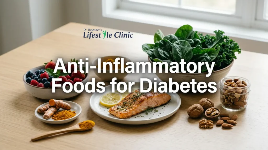 Anti-inflammatory foods for diabetes including berries, leafy greens, fish, turmeric and nuts on healthy diet background