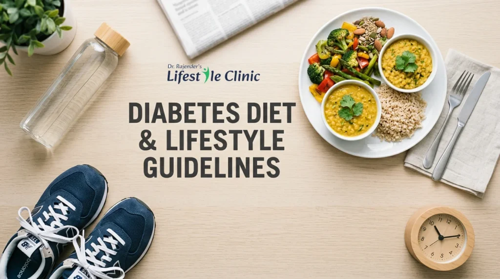 Healthy diabetes lifestyle showing balanced meal, seeds, water and physical activity for blood sugar control