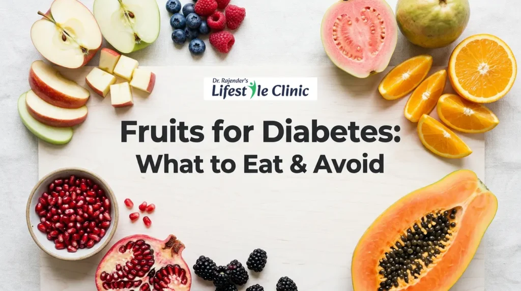 Healthy fruits for diabetes including apple, guava, papaya, orange, berries and pomegranate arranged on clean background for blood sugar control