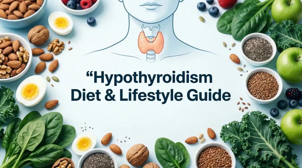 Hypothyroidism diet concept showing thyroid gland and healthy foods for thyroid health