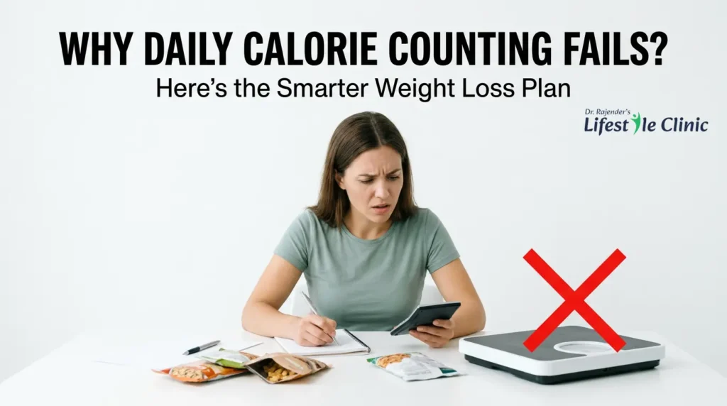Why daily calorie counting fails illustration showing frustrated person tracking calories with notebook and calculator
