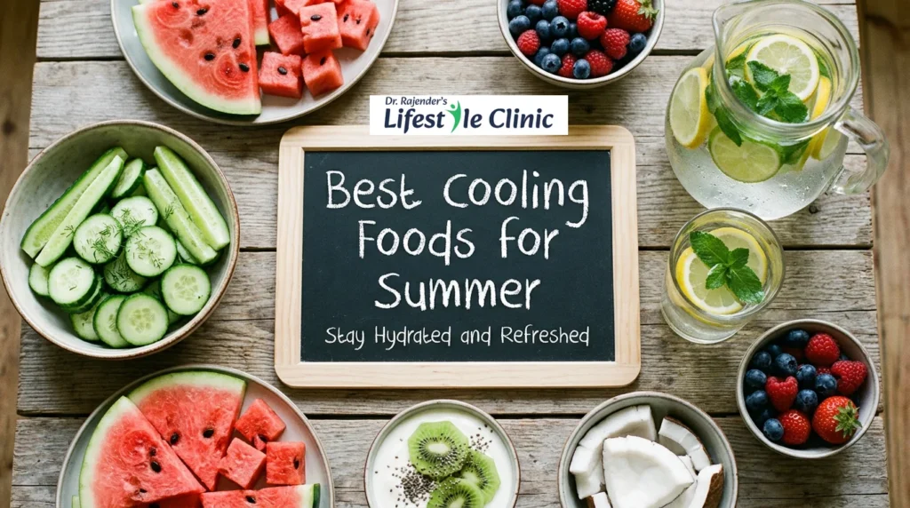 cooling foods for summer including cucumber buttermilk sabja seeds bottle gourd and mint for hydration and body cooling