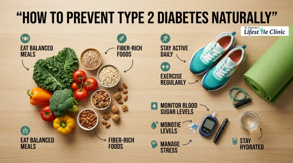 how to prevent type 2 diabetes naturally with healthy diet exercise and lifestyle changes infographic