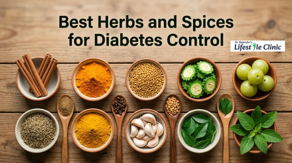herbs and spices for diabetes control including cinnamon turmeric fenugreek bitter gourd amla garlic and tulsi for blood sugar management