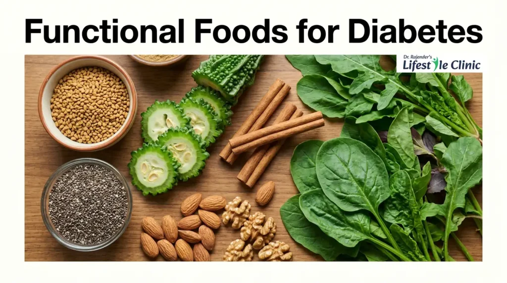 functional foods for diabetes including fenugreek bitter gourd cinnamon chia seeds leafy greens and nuts arranged on table for blood sugar control