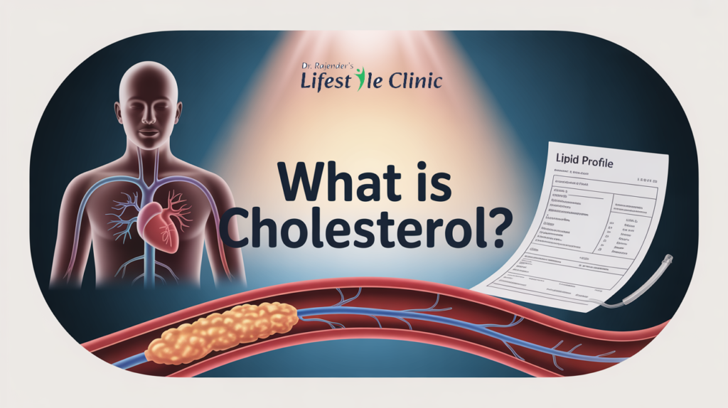 What is cholesterol illustration showing LDL and HDL levels in blood vessels