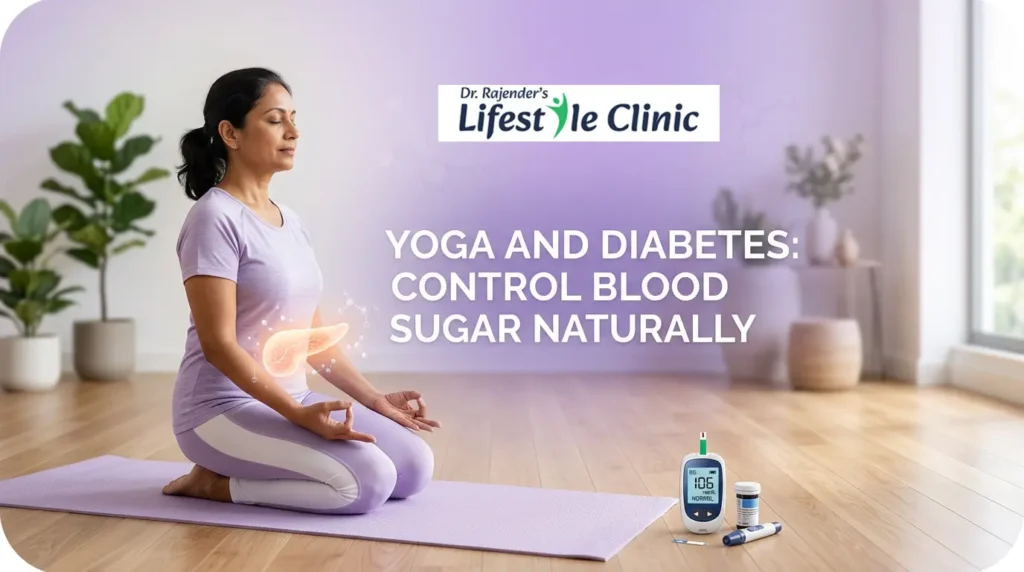 Yoga and diabetes connection showing person practicing yoga to control blood sugar naturally