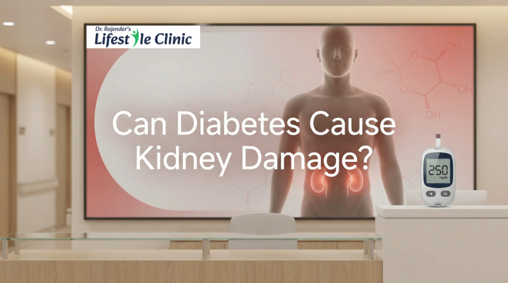 High blood sugar causing kidney damage in diabetes patients illustration
