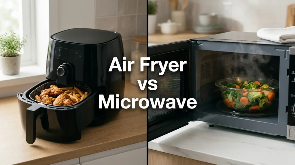 Air fryer and microwave comparison showing crispy food and steamed vegetables for healthy cooking