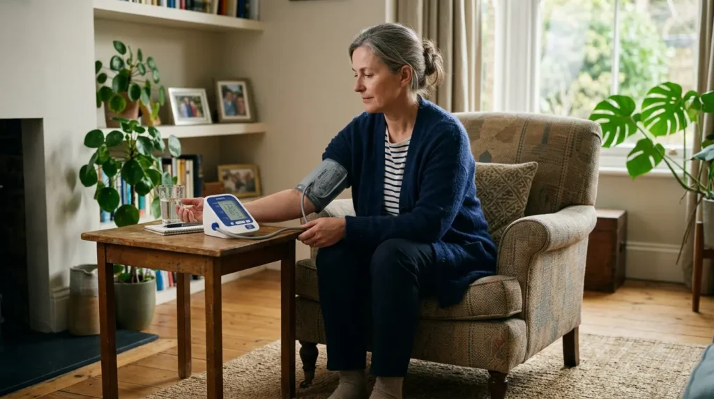 Person sitting correctly with feet flat while checking blood pressure using a digital monitor