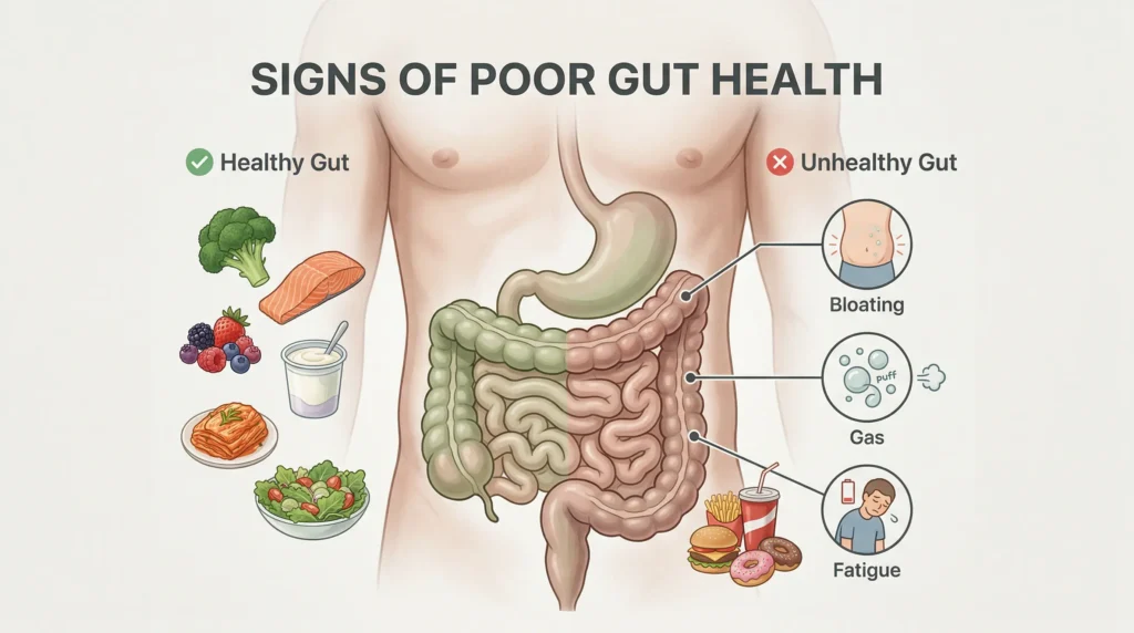 Illustration of digestive system showing symptoms of poor gut health like bloating and fatigue