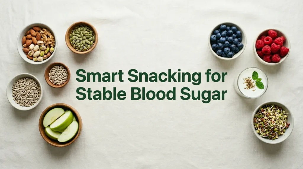 Healthy snacks for diabetes including fruits, nuts and seeds for stable blood sugar control