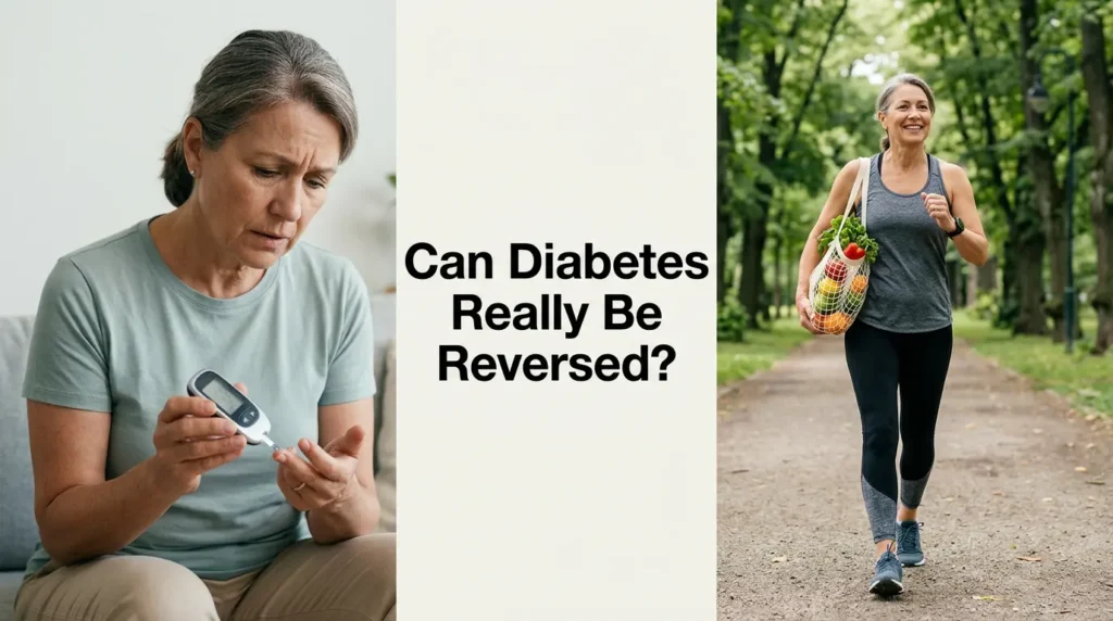 Person checking blood sugar with glucometer showing diabetes reversal lifestyle concept