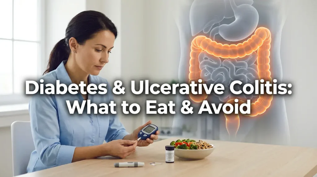 Diabetes and ulcerative colitis concept showing glucometer and digestive system