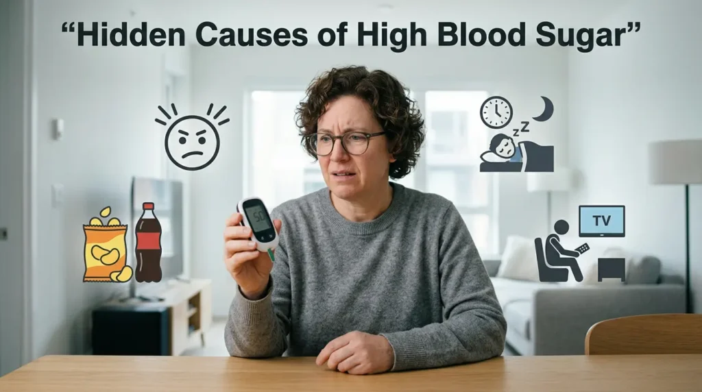 Person checking blood sugar with glucometer showing hidden causes like stress and poor lifestyle affecting glucose levels