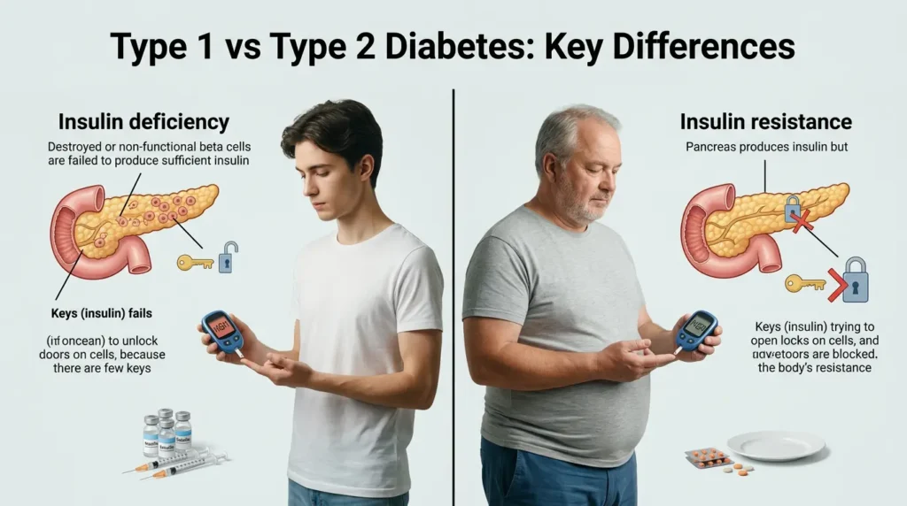 Comparison of type 1 and type 2 diabetes with testing and insulin concepts
