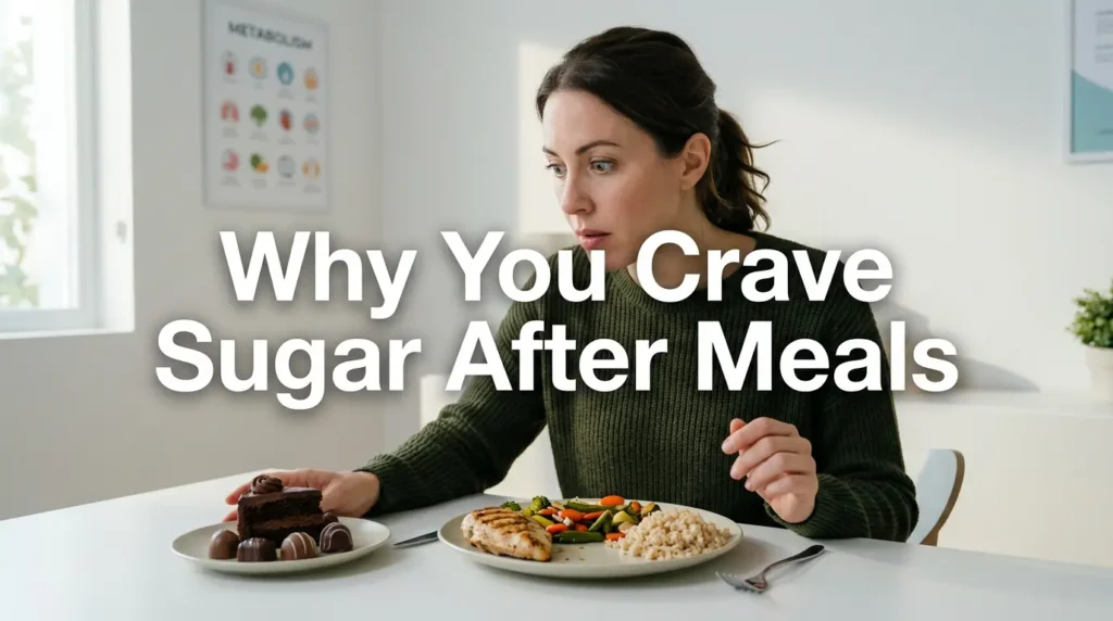 Person craving sweets after a meal with dessert and balanced food showing sugar cravings concept
