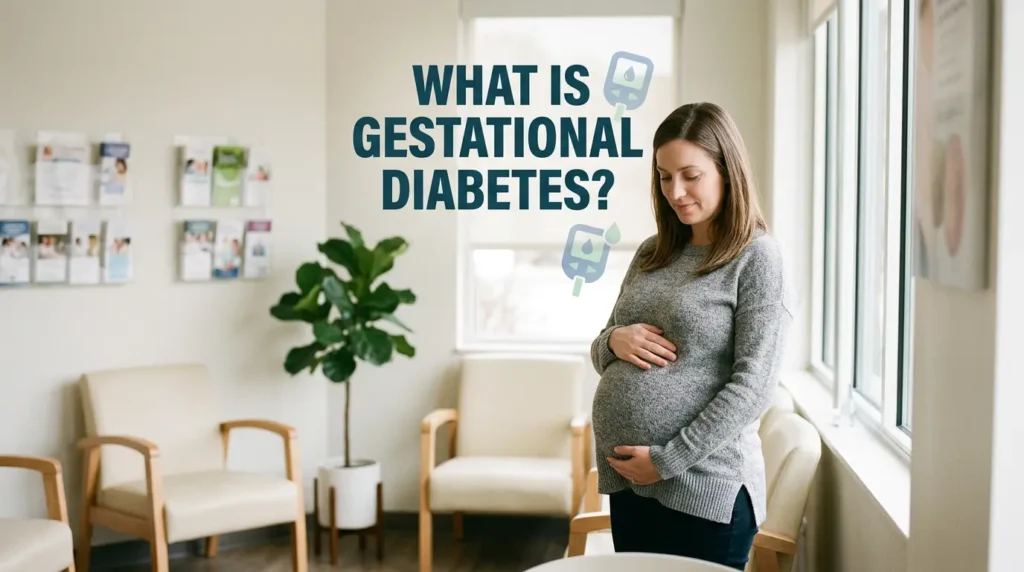 Pregnant woman with gestational diabetes concept showing blood sugar monitoring and pregnancy health