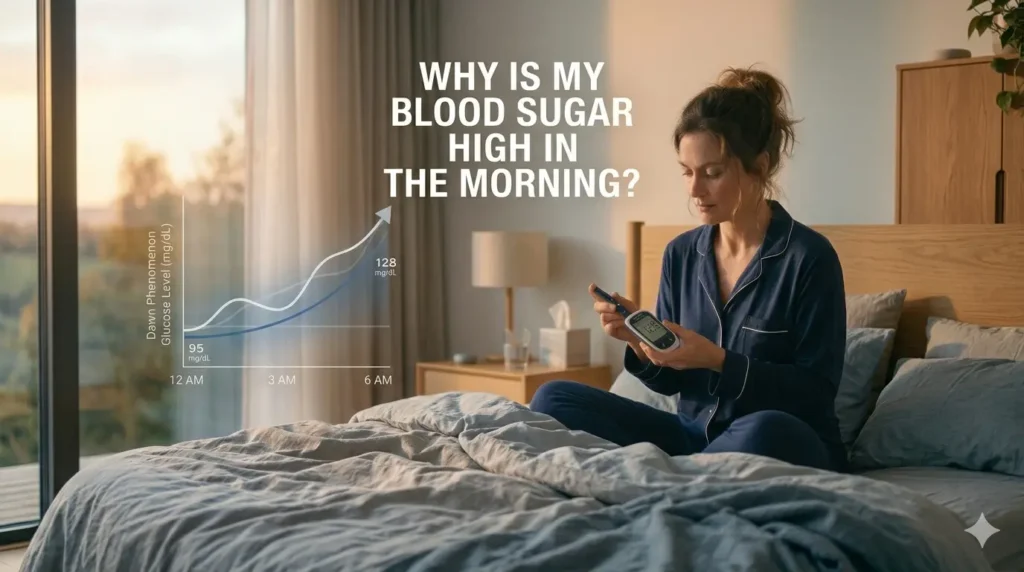 Person checking blood sugar with glucometer in the morning with sunrise light showing dawn phenomenon concept