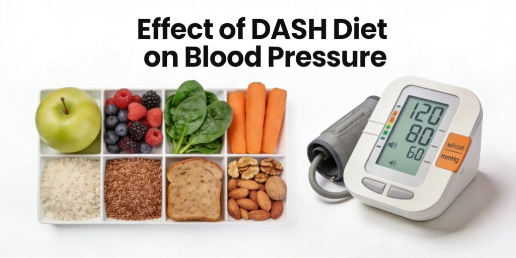 DASH diet foods with blood pressure monitor showing healthy reading