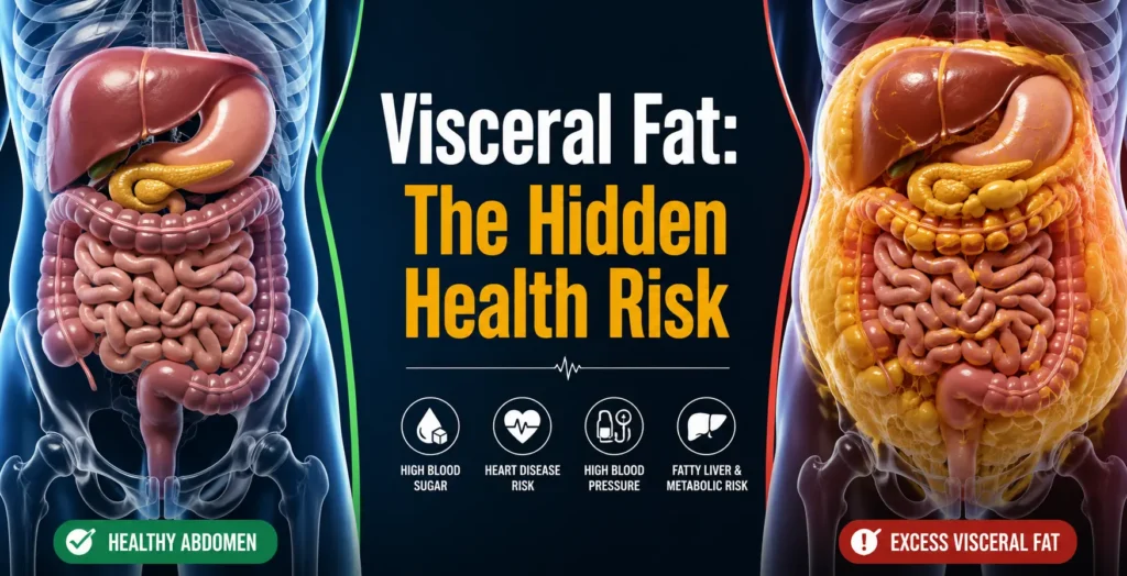 Visceral fat surrounding abdominal organs showing hidden metabolic health risk