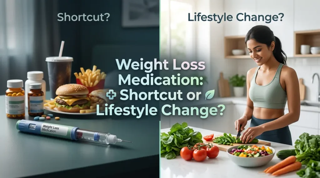 Split-screen image comparing weight loss medication and healthy lifestyle habits for long-term weight management