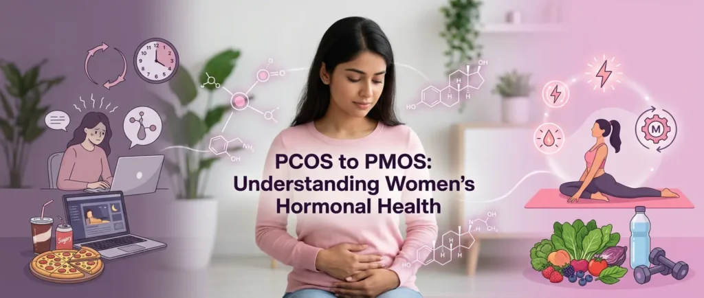 PCOS and metabolic health concept showing hormonal imbalance and healthy lifestyle changes in women