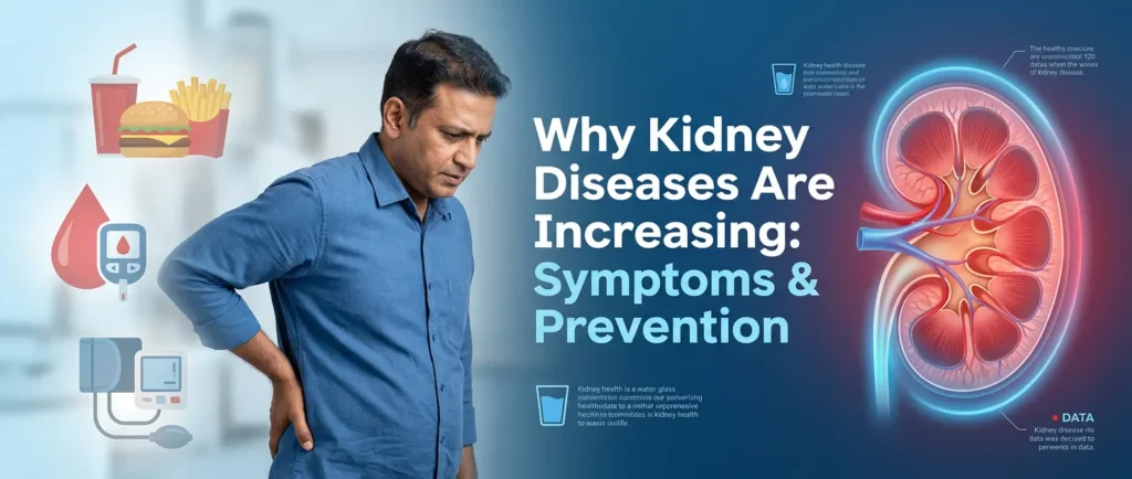 Kidney disease awareness image showing symptoms, prevention and lifestyle factors affecting kidney health