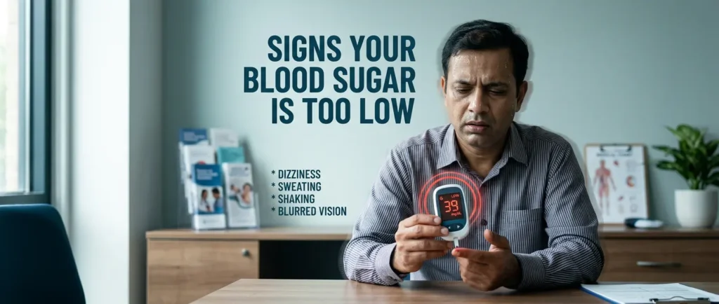 Warning signs and symptoms of low blood sugar including dizziness and sweating