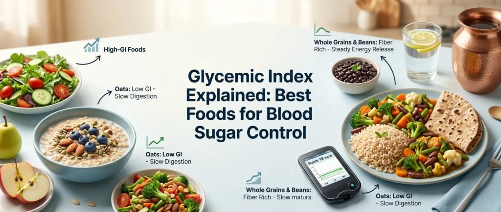 Low glycemic index foods supporting healthy blood sugar control