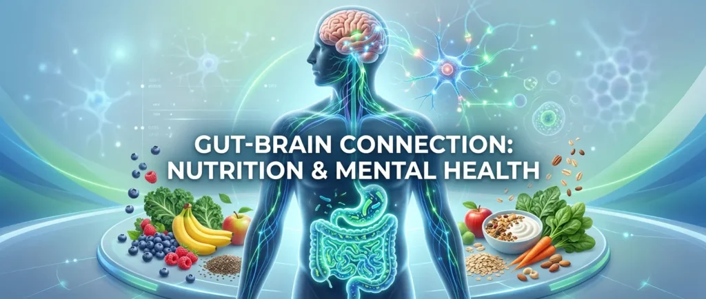 Gut-brain connection showing digestive health, nutrition and mental wellness relationship